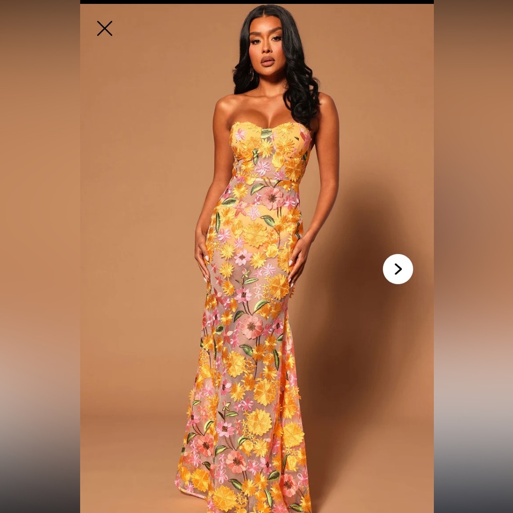 Fashion Nova Strapless Floral Dress - Yellow and Pink.